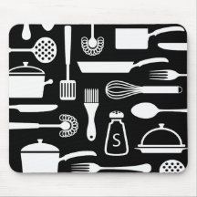 Kitchen or cooking themed black and white mousepad