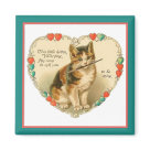 square_magnet - Adorable Victorian kitten with heart border and paintbrush. Small heart accents in teal green and coral..: Sizes 