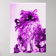 KITTEN WITH ROSES ,Purple Violet and White Print