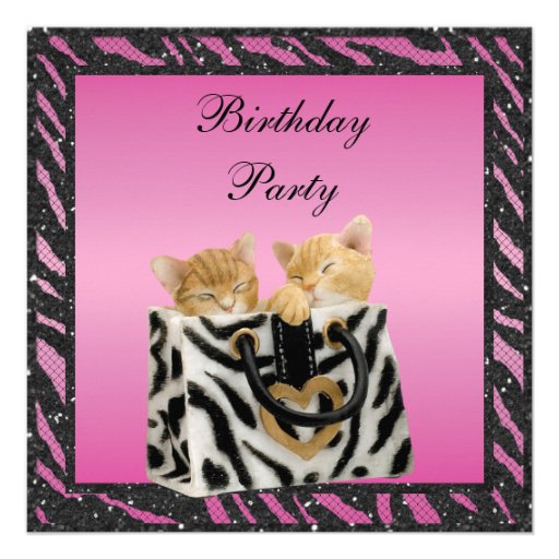 Kittens in Bag Zebra Print Faux Glitter Birthday Announcements