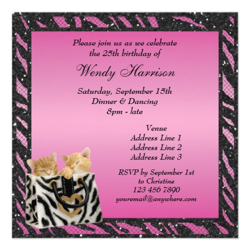 Kittens in Bag Zebra Print Faux Glitter Birthday Announcements