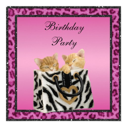 Kittens & Pink Leopard Print Fur Birthday Party Announcements