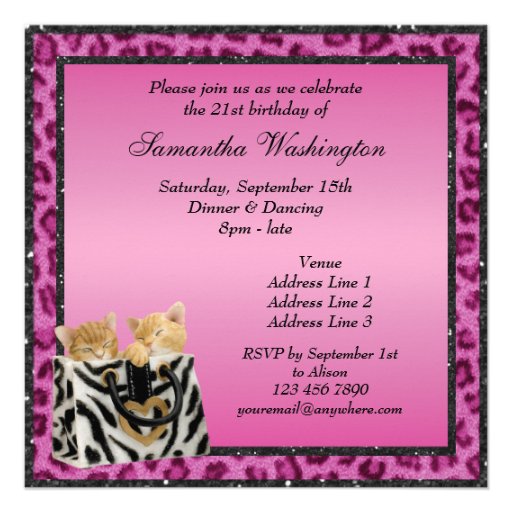 Kittens & Pink Leopard Print Fur Birthday Party Announcements