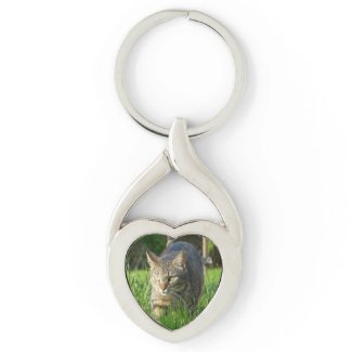 Kitty Cat Stalking Silver-Colored Heart-Shaped Metal Keychain