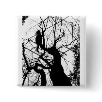 KITTY TREE SILHOUETTE B&W PINBACK BUTTON
