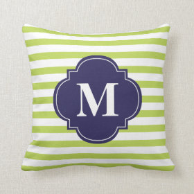 Kiwi Green and Navy Blue Stripes Monogram Throw Pillow