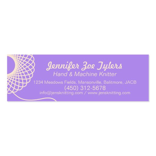Knitting purple cream skinny business cards (front side)