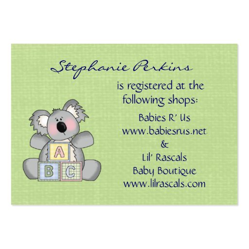 Koala Baby Registry Cards Business Cards (front side)