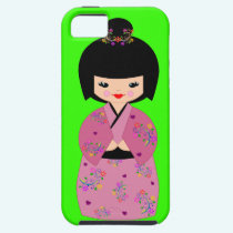 Kokeshi Doll in  Floral Kimono on Green Cell Case casemate cases