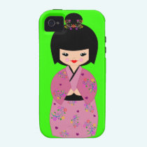 Kokeshi Doll in  Floral Kimono on Green Cell Case casemate cases
