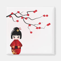 Kokeshi doll under sakura branch refrigerator magnet