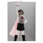 Korean girl in superhero costume with arm raised greeting card