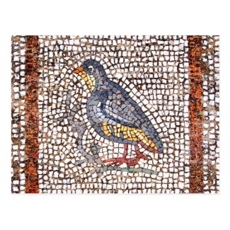 A bird perched on a branch in the form of a mosaic of small colorful tiles on a mosaic at the Agora ancient market at Kos Town on the Greek island of Kos in the South Aegean Mediterranean sea.