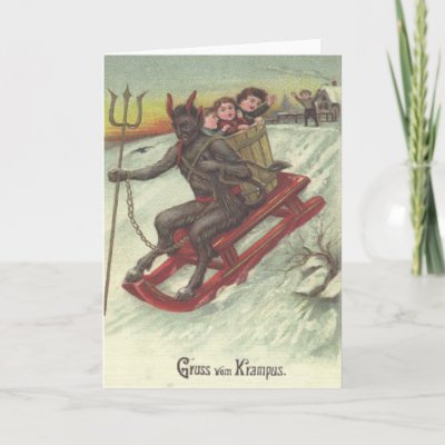 Krampus Kidnapping Kids On Sleigh Cards