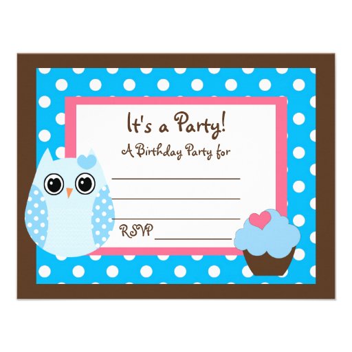 KRW Brown & Blue Polka Dot Owl Blank Party Invite