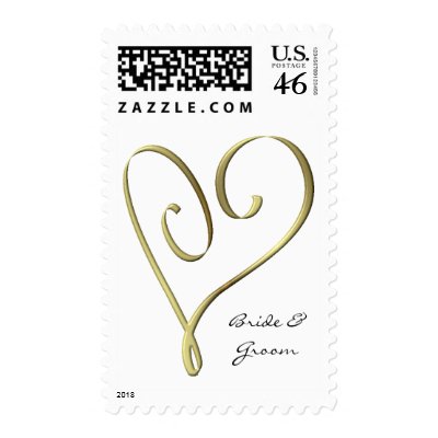 KRW Custom Name Stylized Gold Heart Wedding Postage Stamps
