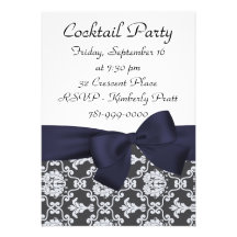 KRW Navy Blue Damask Cocktail Party Invitation