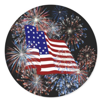 KRW Patriotic American Flag and Fireworks Round Stickers by krwamericanpride
