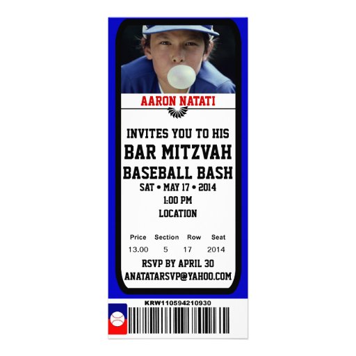 KRW Photo Baseball Bar Mitzvah Ticket Invitation (front side)