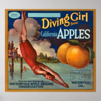 KRW Vintage Diving Girl Apple Fruit Crate Label print