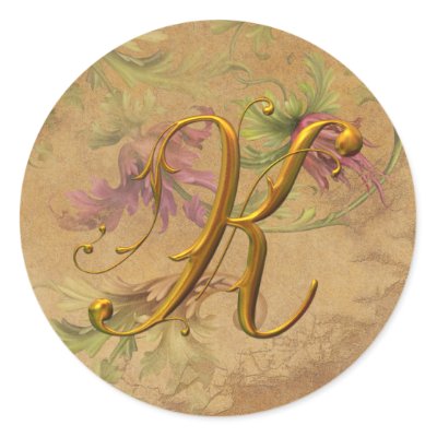 KRW Vintage Floral Gold K Monogram Wedding Seal Round Sticker