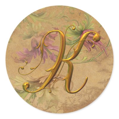 KRW Vintage Floral Gold K Monogram Wedding Seal Round Sticker