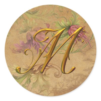KRW Vintage Floral Gold M Monogram Wedding Seal Round Sticker
