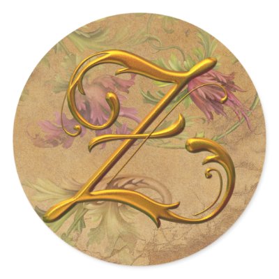 KRW Vintage Floral Gold Z Monogram Wedding Seal Round Stickers by KRWWedding