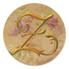 round_sticker - KRW Vintage Floral Gold Z Monogram Wedding Seal. Add a touch of class to your wedding invitations, announcements and thank you cards by sealing the envelopes with theses Tuscan inspired seals.
