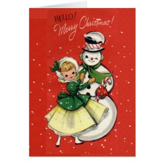 vintage girl and snowman card
