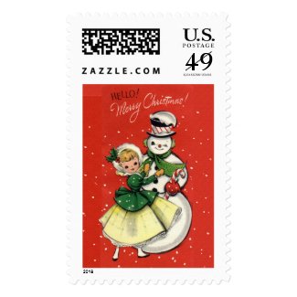 vintage girl and snowman christmas stamp