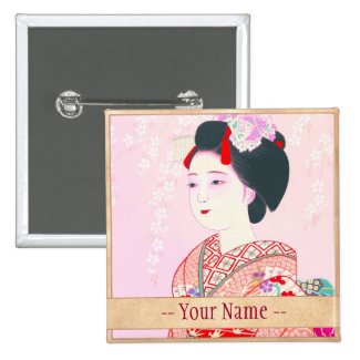 Kyoto Brocade, Four Leaves - Spring japanese lady Pinback Button