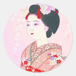 Kyoto Brocade, Four Leaves - Spring japanese lady Round Stickers