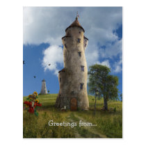 leaning towers, countryside, village, tower, buildings, fairytales, fantasy, surreal art, dreamland, digital art, weird, cow, strawman, path, funny, way, wonderland, medow, illustration, scenery, bent, trees, scarecrow, home, houses, houk, gift, eerie, fun, adorable, Cartão postal com design gráfico personalizado