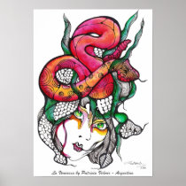 artsprojekt, girl, woman, face, hair, portrait, female, fantasy, ink, drawing, watercolor, hand, original, art, artistic, creative, creation, design, graphic, line, swirl, eyes, folk, naive, blakc, white, minimalism, minimalist, nature, patricia, vidour, argentina, poisonous, snake, reptile, poison, serpente, colubrine, illustrations, nymphet, Poster with custom graphic design