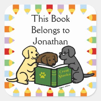 Labrador Puppies Reading Cartoon Square Sticker
