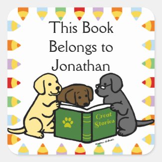 Labrador Puppies Reading Cartoon Square Sticker