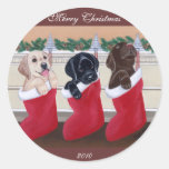Labrador Retriever Puppies Christmas Painting Round Stickers