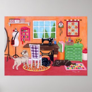 Labradors in Mom's Sewing Room Painting Poster