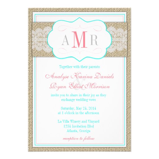 Lace and Burlap Monogram Rustic Wedding Custom Announcements