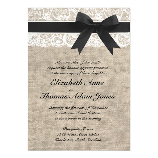 Lace and Burlap Rustic Wedding Invitation - Black