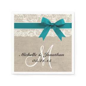 Lace and Burlap Rustic Wedding Napkin Turquoise Standard Cocktail Napkin