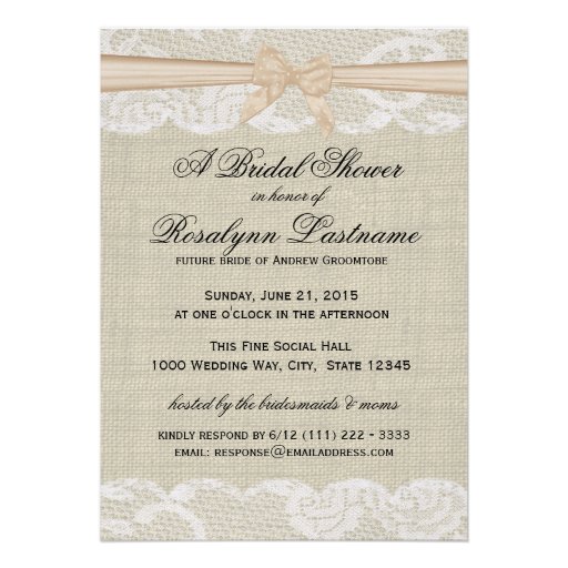 Lace and Burlap with Peach Bow Bridal Shower Personalized Announcements