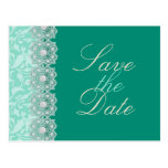 Lace and Pearls Aquamarine Save the Date Postcard