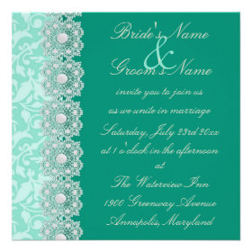 Lace and Pearls Aquamarine Wedding Invitation