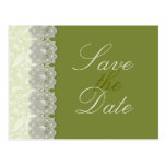 Lace and Pearls Moss Green Save the Date Postcard
