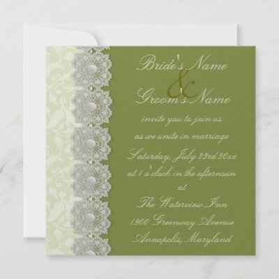 Lace and Pearls Moss Green Wedding Invitation by sfcount