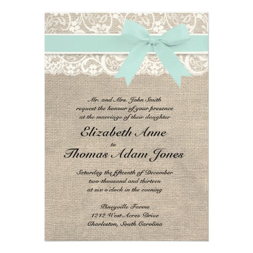 Lace and Rustic Burlap Wedding Invitation Seafoam