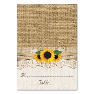 Lace and sunflowers on burlap wedding place card table cards