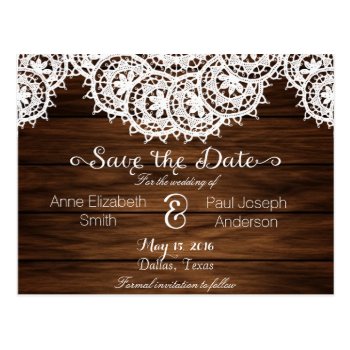 Lace And Wood Save The Date Postcard by rusticwedding at Zazzle